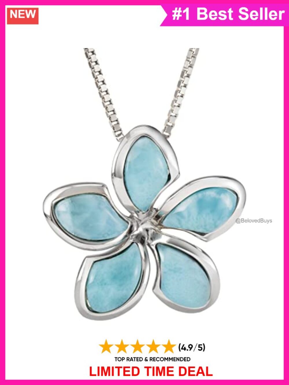 Sterling Silver Larimar Plumeria Flower Pendant Necklace with 18" Box Chain